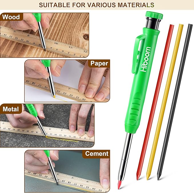 Hiboom 2 Pack Solid Carpenter Pencils with Pencil Cap and 18 Refills, Long Nose Deep Hole Mechanical Pencil Marker, Scribe Tool with Built-in Sharpener for Construction Woodworking Architect (Green)