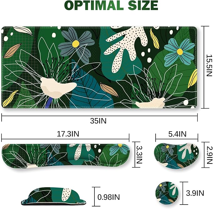 ARTSO Large Mouse Pad Wrist Rest Set,Extended Desk Mat+Keyboard Wrist Rest+Mouse Wrist Support+Coaster, 4in1 Non-Slip Desk Protector Pad Blotter for Home Office-Green Leaves Flowers Abstract