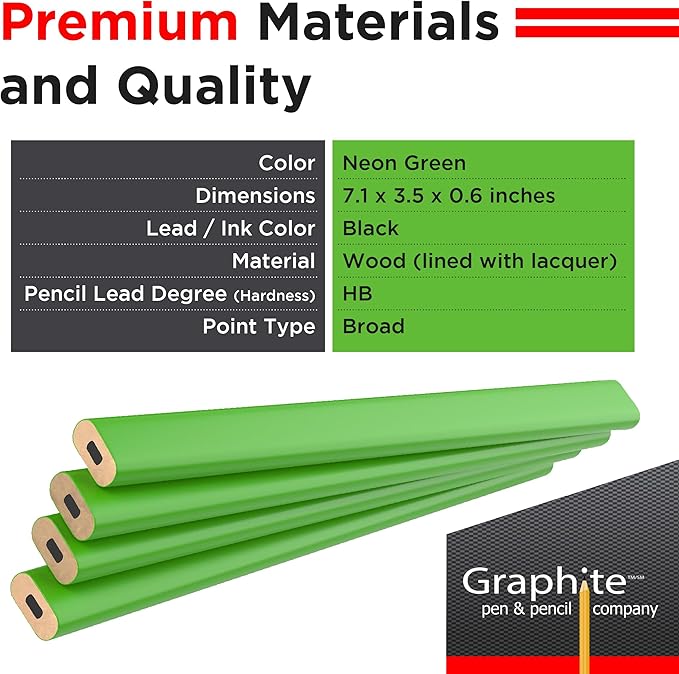 GRAPHITE Hard Lead Carpenter Pencil #2 Lumber Pencil (1) Pack of 12 PCS - Industrial Pencil Wood Flooring Marker for Wood Working Tools Marking & Concrete Marking - Neon Green