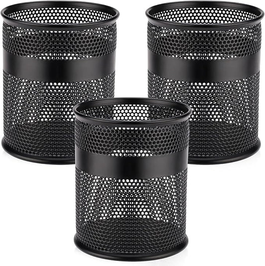 Segarty Pen Holder for Desk, 3 Pack Black Pencil Cup Holder, Metal Desktop Pens Organizer, 3.3 x 3.9 inch Pencils Cups for Office Supplies Organization, School Classroom, Home Brush Storage