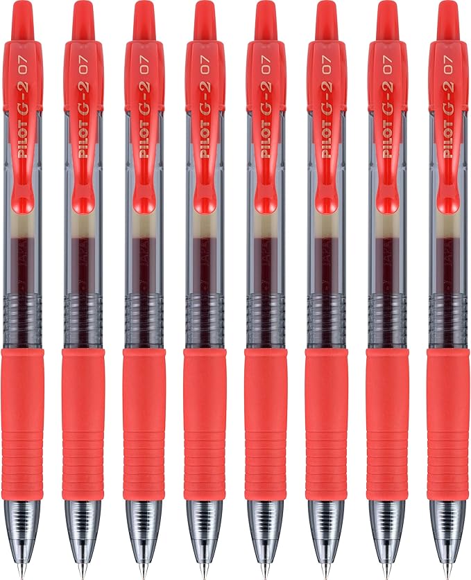 Pilot G2 Premium Gel Roller Pens, Fine Point 0.7 mm, Red, Pack of 8 - Ideal for School, Journaling & Office Writing