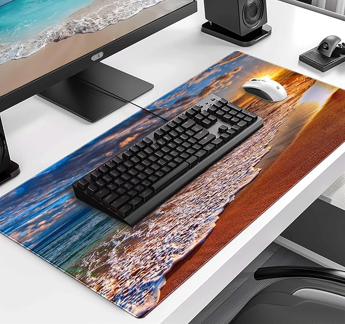 Large Extended Gaming Mouse Pad with Stitched Edges, Non-Slip Waterproof Rubber Base Mouse Pad for Office, Computer, Keyboard, Laptop and Home Desk Pad 35.4 x 15.7 x 0.12 Inch (Beach at Sunset)