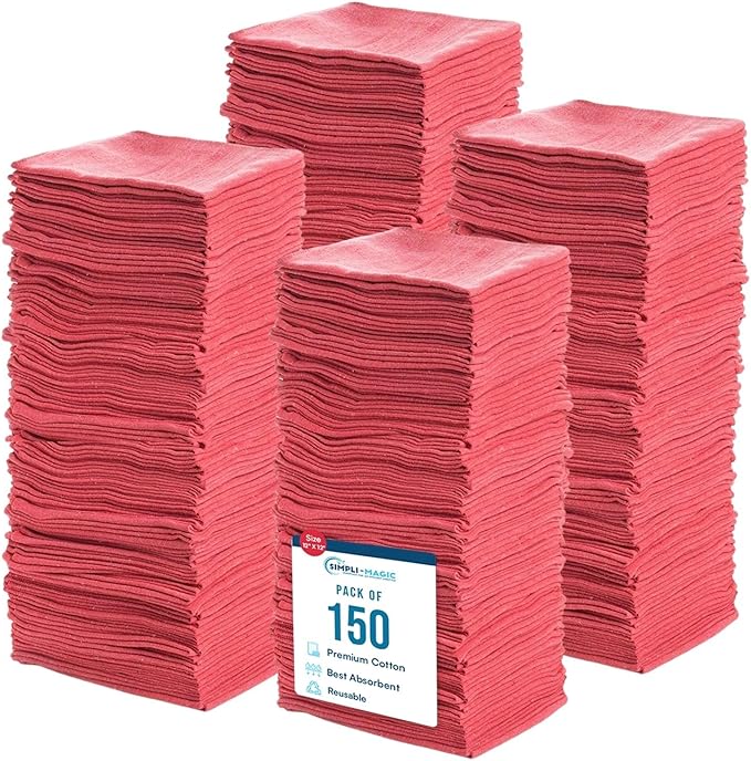 Simpli-Magic Cotton Shop Towels 14"x12" (150 Pack) – Reusable Cleaning Shop Rags for Automobiles, Industries, Garage and Homes (Red)