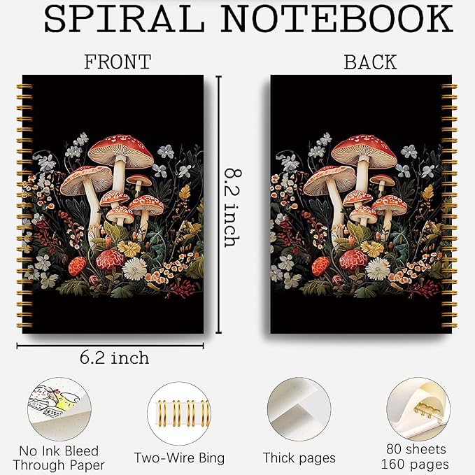 Guymn Dark Floral Mushroom Notebook, Gifts for Mushroom Lovers, Dark Cottagecore Witchy Floral Notebook Journal, Witchy Gifts for Women Hardcover Spiral Notebooks 5.5x8.3 Inch