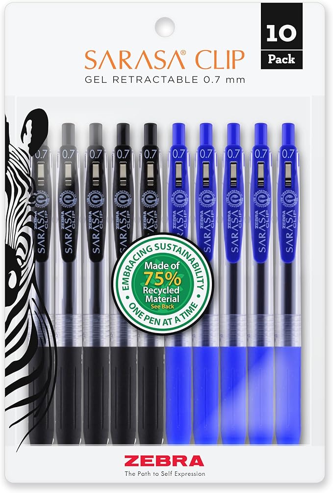 Zebra Pen Sarasa Clip Retractable Gel Pen, Medium Point, 0.7mm, Blue and Black Ink, 10-Pack (40291)