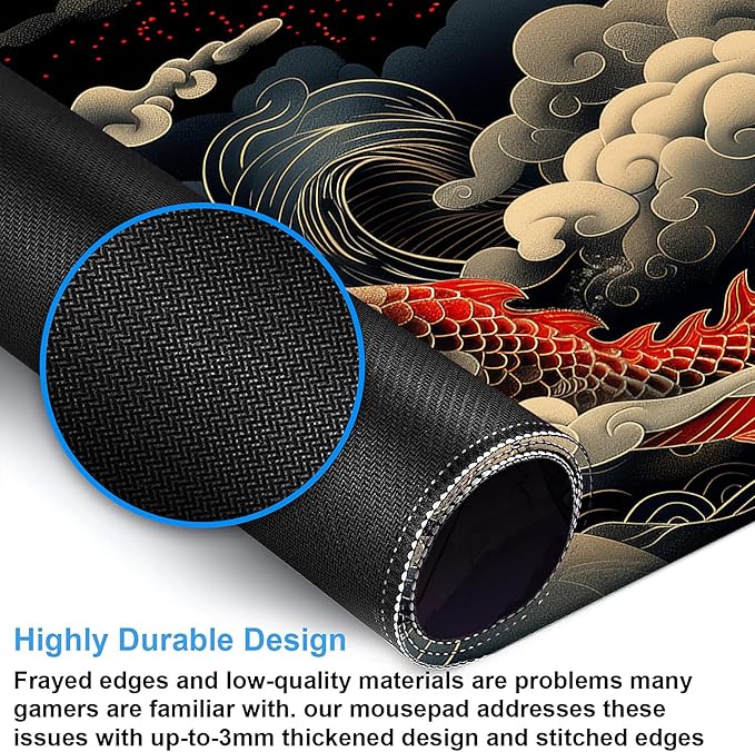 Desk Pad, Japanese Wave and Red Dragon Auspicious Clouds XXL Gaming Mouse Pad with Stitched Edges,Non-Slip Waterproof Rubber Base Large Desk Mat for Keyboard and Mouse 35.4"x15.7"