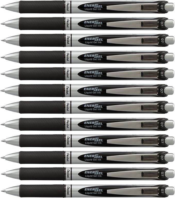 Pentel EnerGel Retractable Liquid Gel Pens, Medium Point, 0.7 mm, Silver Barrel, 12 Black Ink pens, the Ultimate writing pens, the Best Writing Pens for office, school and journaling, Pack of 12