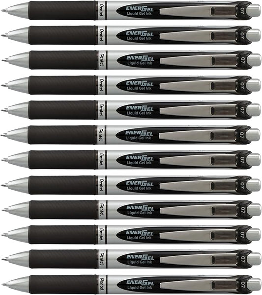 Pentel EnerGel Retractable Liquid Gel Pens, Medium Point, 0.7 mm, Silver Barrel, 12 Black Ink pens, the Ultimate writing pens, the Best Writing Pens for office, school and journaling, Pack of 12