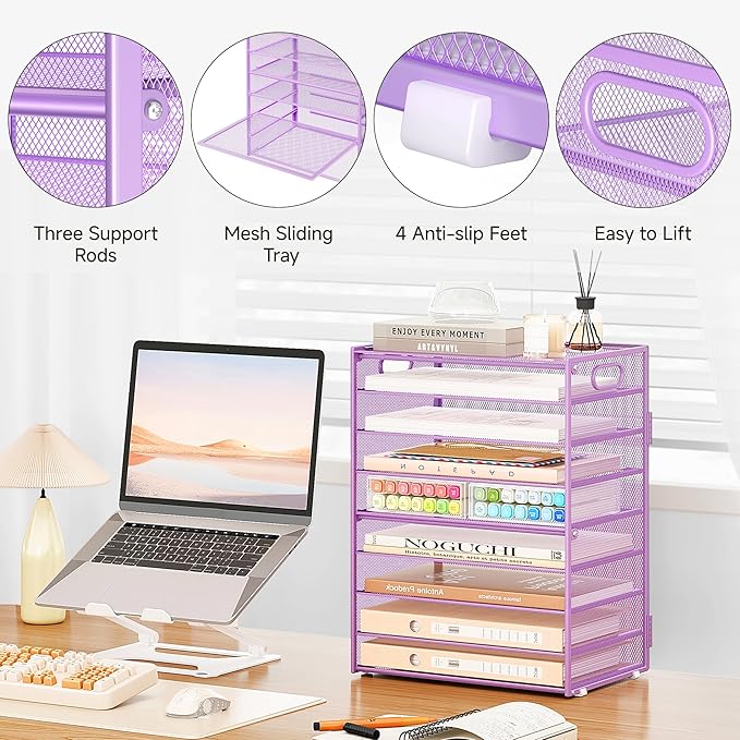 SUBEKYU 9 Tier Paper Letter Tray Desk Organizer with Handles - Purple Metal Mesh File Holder Paper Sorter Desk Organizer for Office Home School, Include 6 Pcs Adjustable Slid Tray, 6 Colors Available