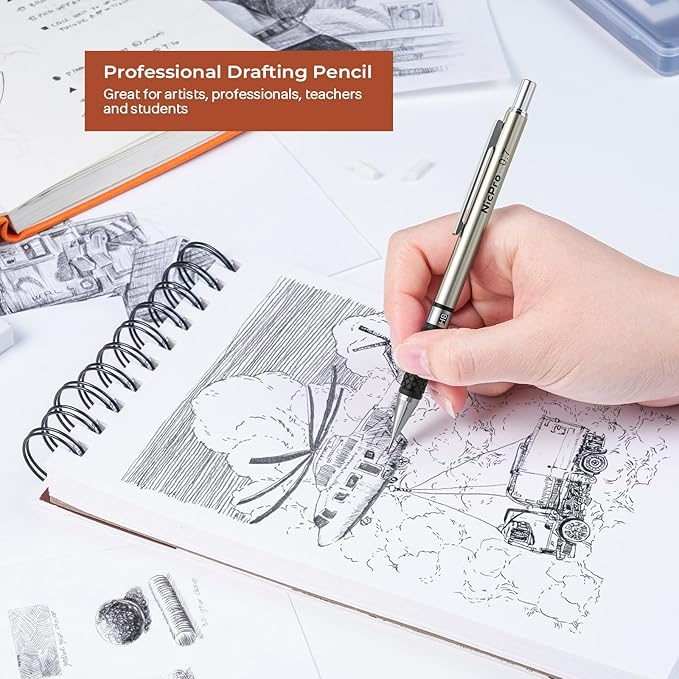 Nicpro 0.7 mm Art Mechanical Pencil Set in Storage Case, 3 PCS Metal Drafting Pencil Lead Pencil with 6 Tube HB Lead Refills, 3 Erasers, 9 PCS Eraser Refills for Artist Writing, Drawing, Sketching