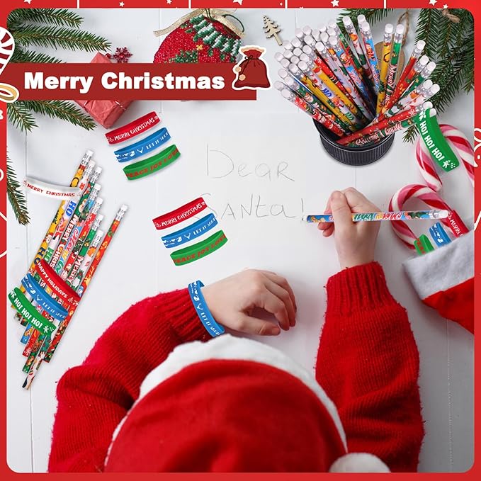 48 Pcs Christmas Pencils Set 24 Christmas Pencil with Eraser 24 Christmas Silicone Bracelets Xmas Wooden Pencils Christmas Wristband Rubber Bracelets Christmas Stocking Stuffers