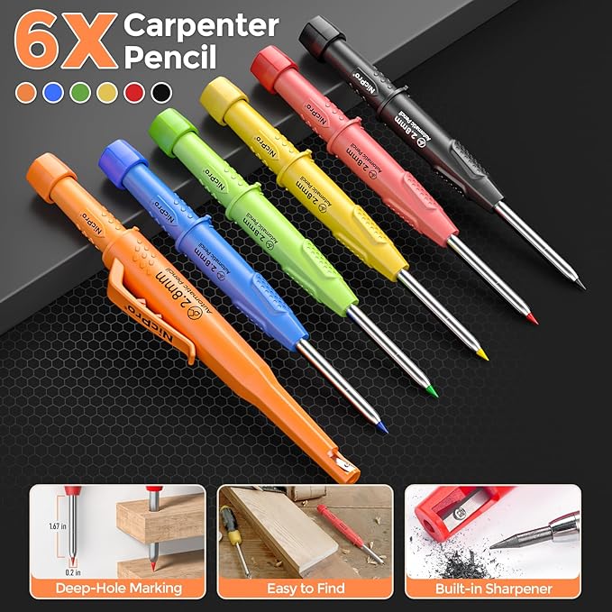 Nicpro 6 Pack CP3000 Carpenter Pencils with Sharpener, Mechanical Pencil Set with 78 Refill, Heavy Duty Construction Pencil, Carpenter Tools for Architect Marking (Red,Black,Yellow,Orange,Green,Blue)