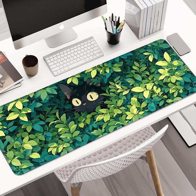 Anime Cute Cat Desk Mat, Watercolor Pretty Green Leaves Extended Large Gaming Mouse Pad, Computer Keyboard Laptop Mousepad for Work, Game, Office and Home, XL