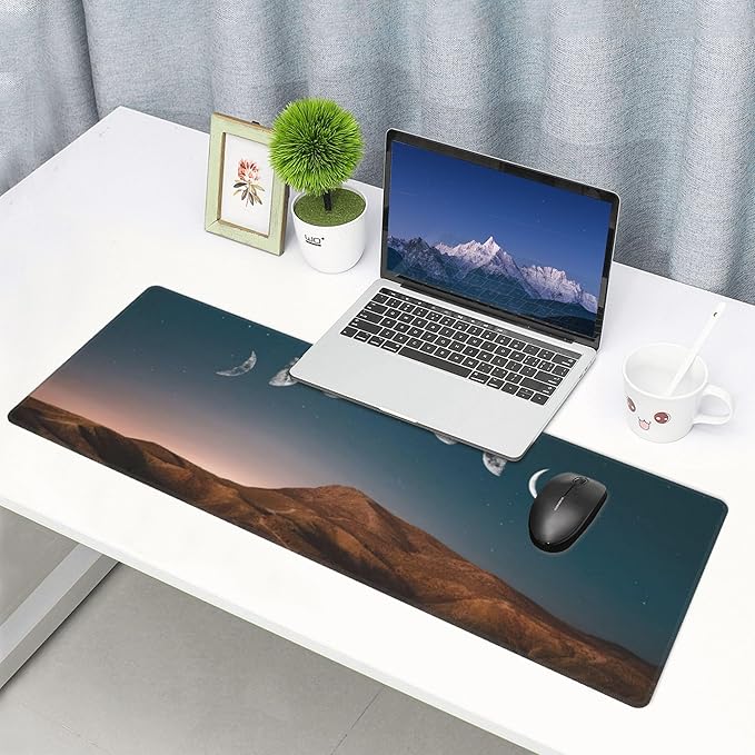 Dawn Moon Phase Large Mouse Pad, Mountains Gaming Desk Mat, XL Keyboard Desk Pad Mat for Desktop, 31.5"x11.8" Non-Slip Base Big Mousepad with Stitched Edges