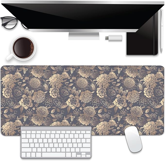 Vintage Roses and Peonies Desk Pad Mouse Pad,Dark Floral Mouse Mat with Stitched Edges,Non-Slip Rubber Base Black Mousepad for Office PC Keyboard Laptop and Home Work Desk Mat(27.5X11.8 in)