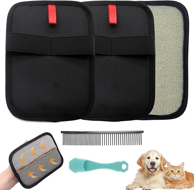 QVJFZUD Pet Hair Removal Glove for Small Hands, 2Pcs Electrostatic Dog Cat Hair Remover Gloves for Furniture Car Seat Couch, Reusable Grooming & Shedding Tool with Free Steel Comb & Toothbrush