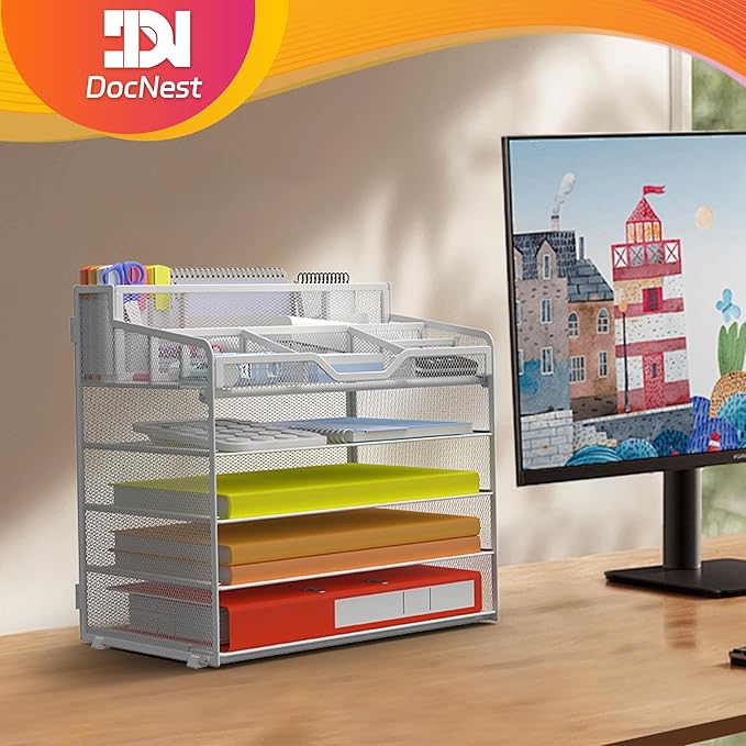 Docnest 5 Tier Mesh Desk Organizer for Paper Office Supplies – Multi-Functional Letter Tray with 5 Adjustable Compartments, 3 Pen Holders, Desktop Storage for Files, Mail, Stationery – White