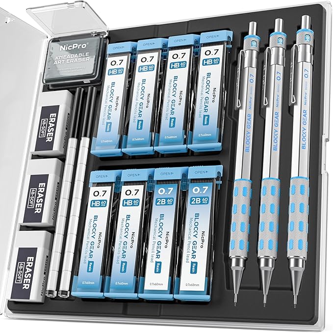 Nicpro 3 Pack Blocky Gear 0.7 mm Metal Mechanical Pencils Set with Case, Lead Drafting Pencil with 8 Tube (480PCS) Lead Refills(HB 2B), 4 Erasers, 18 Eraser Refills for Art Writing, Sketching Drawing