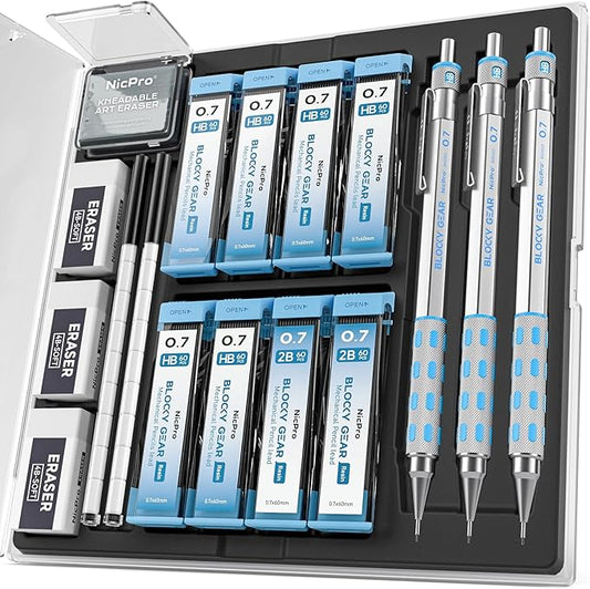Nicpro 3 Pack Blocky Gear 0.7 mm Metal Mechanical Pencils Set with Case, Lead Drafting Pencil with 8 Tube (480PCS) Lead Refills(HB 2B), 4 Erasers, 18 Eraser Refills for Art Writing, Sketching Drawing