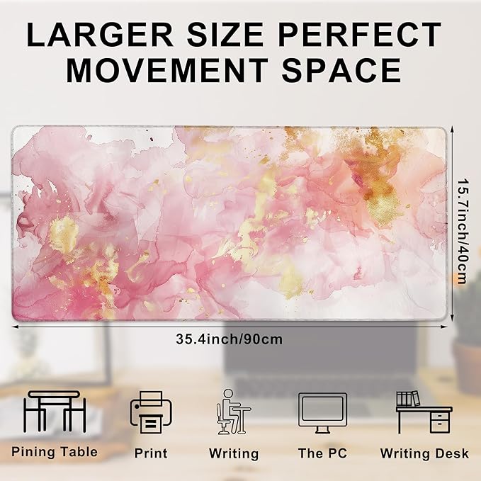 Gaming Mouse Pad, Rose and Gold Liquid Marble Large Desk Mat for Keyboard and Mouse,Non-Slip Rubber Base and Stitched Edges Desk Pad for Home Office 35.4x15.7in