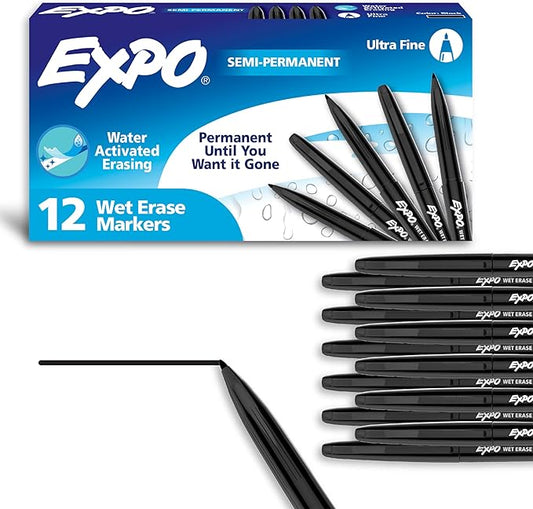 EXPO Wet Erase Markers, Semi-Permanent, Black, Ultra Fine Tip, 12 Count - For Writing on Glass, Whiteboards, Mirrors, Calendar, Labeling, Organizing