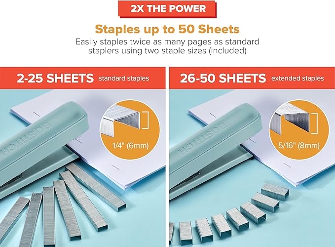 Bostitch Titan Heavy Duty Metal Stapler, 50 Sheet Capacity with 1250 Staples and Ergonomic Staple Remover, Jam Free Stapling, Full Strip Stapler for Desk, Office and Classroom, Sage