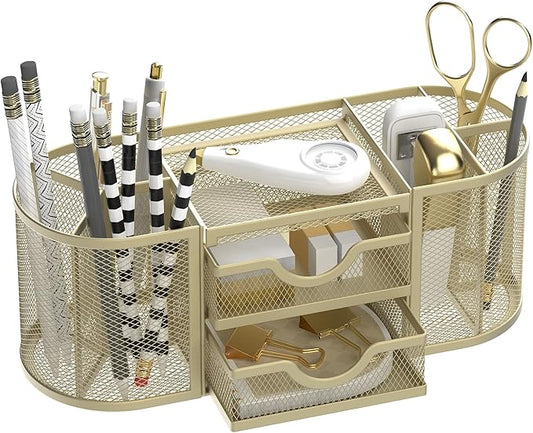 SUPEASY Mesh Desk Organizer, Desk Organizers and Accessories, Pen Holder with Drawers, Pencil Holder for Desk with 2 Drawer for Office Supplies, Golden yellow