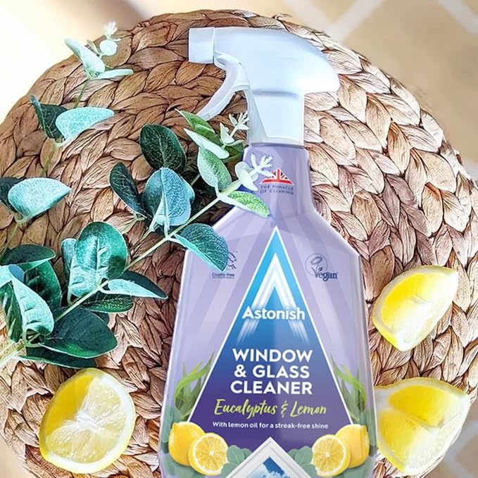 Astonish Streak Free Window & Glass Cleaner 3 Pack Spray Bottles With Vinegar For Deep Cleaning - Eucalyptus & Lemon Scented Home & Bathroom Cleaner - Cruelty Free Household Cleaning Supplies, 750ml