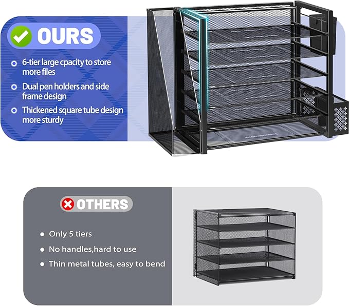 Simple Trending 6 Tier Desk File Organizer, Paper Letter Tray Organizer with File Holder and Pen Container, Black