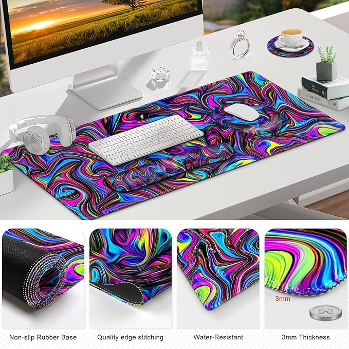 Gaming Mouse Pad, Large Desk Mat, Cute Desk Pad Protector, 4in1 XXL Mousepad + Keyboard Wrist Rest+Mouse Wrist Rest+Coaster Set with Ergonomic Desk Pad for Home Office Computer, Dazzling Bright Color