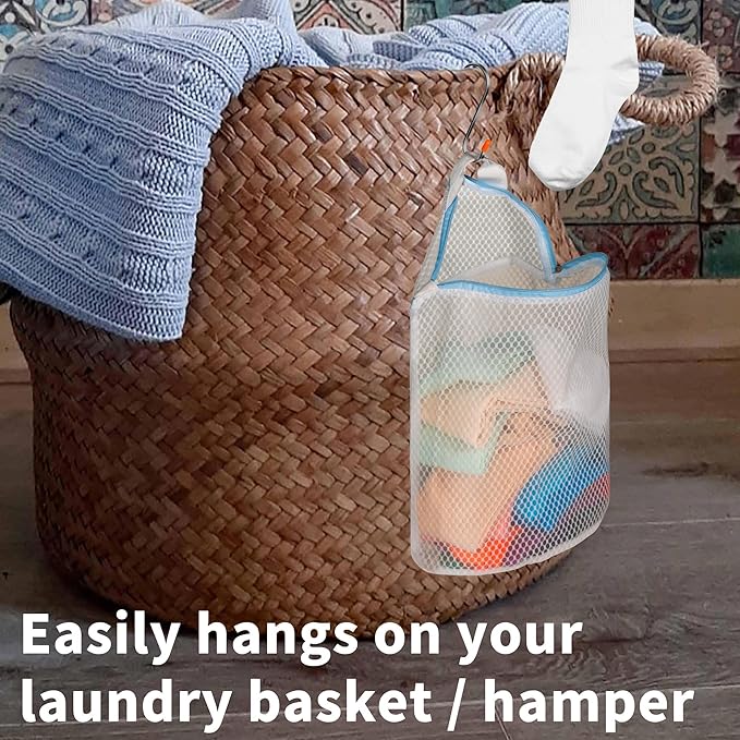 5Pcs Hanging Laundry Bags for Socks with S Hooks,12 X 10 inch 5 Color Mesh Laundry Bags for Washing Machine