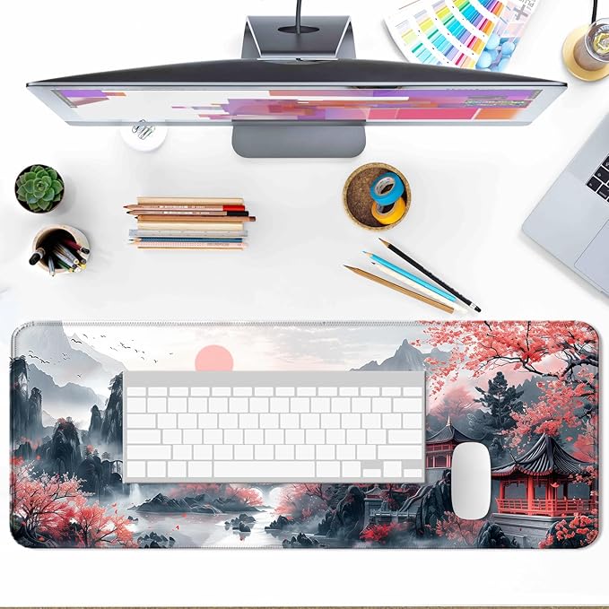 Japanese Cherry Blossom Desk Mat, Watercolor White and Pink Sakura Extended Large Gaming Mouse Pad, Computer Keyboard Laptop Mousepad for Work, Game, Office and Home, XL