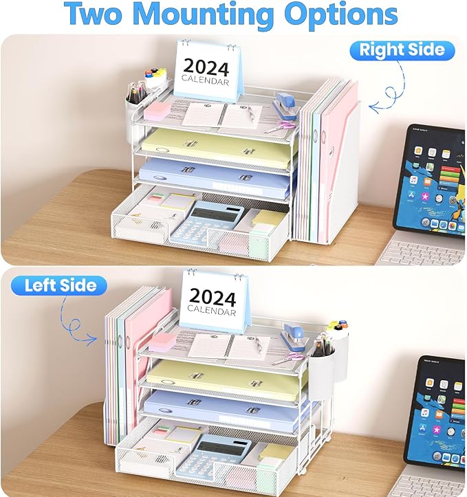 Desk Organizer and Accessories, 4-Tier Desktop File Organizer with Drawer and 2 Pen Holders, Office Desk Accessories for Office Supplies(White)
