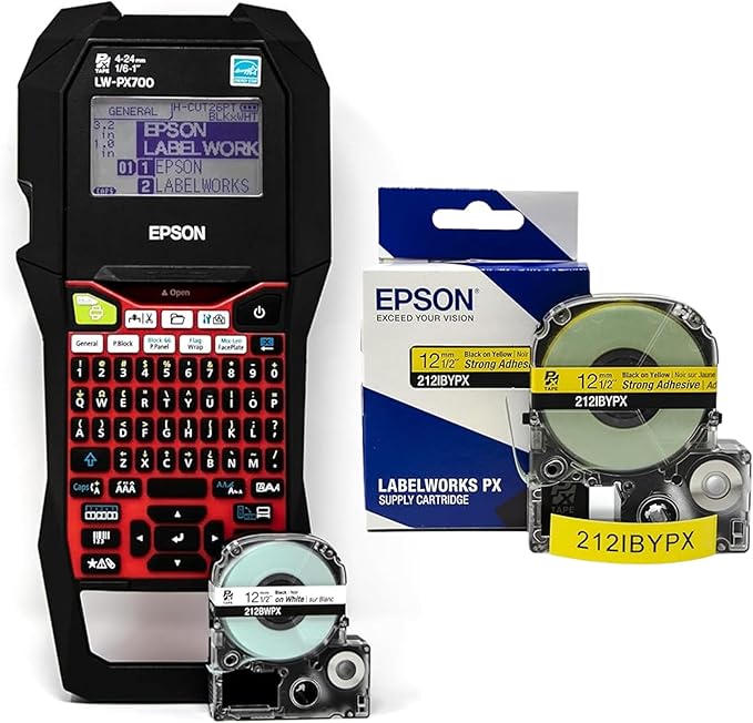 Epson LABELWORKS LW-PX700 Industrial Label Maker Kit & 212IBYPX Genuine PET (Polyester) Tape Cartridge - Black on Yellow Label Maker Tape, Strong Adhesive - 1/2" (12MM) Wide, 30'