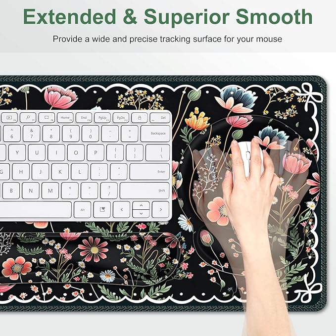 Flower Desk Mat, 4in1 Large Mouse Pad with Wrist Rest, Desk Matt for Desktop, Desk Pad Mat, Anti-Slip XXL Computer Ergonomic Mousepad with Wrist Support for Keyboard and Mouse I Black Florals Weeds