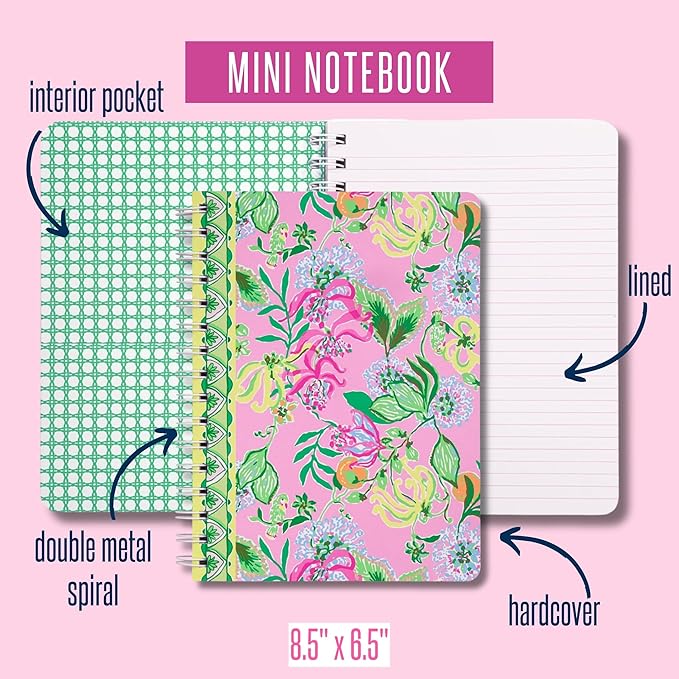 Lilly Pulitzer Hardcover Mini Spiral Notebook, 8.5" x 6.5" Small Journal with 160 College Ruled Pages, Via Amore Spritzer