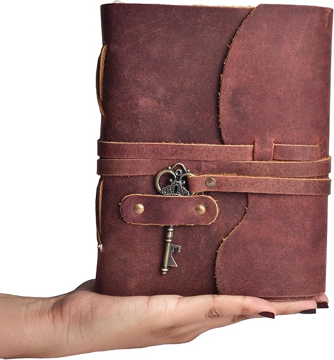 LEATHER VILLAGE Vintage Leather Journal – 200 Handmade Vintage Deckle Edge Paper – Leather bound Journal For Women Men – Vintage Key Closure - Book of Shadows - Red Brown - 8X6 inches (A5)