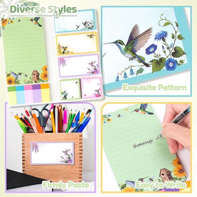 B1ykin Sticky Notes Set, Animal Theme Cute Self-Stick Notes Pad Teacher Appreciation Gifts， Self-Adhesive Writing Memo Pages Sticky to Do Notepad for Kids Employee School Office (Hummingbird)