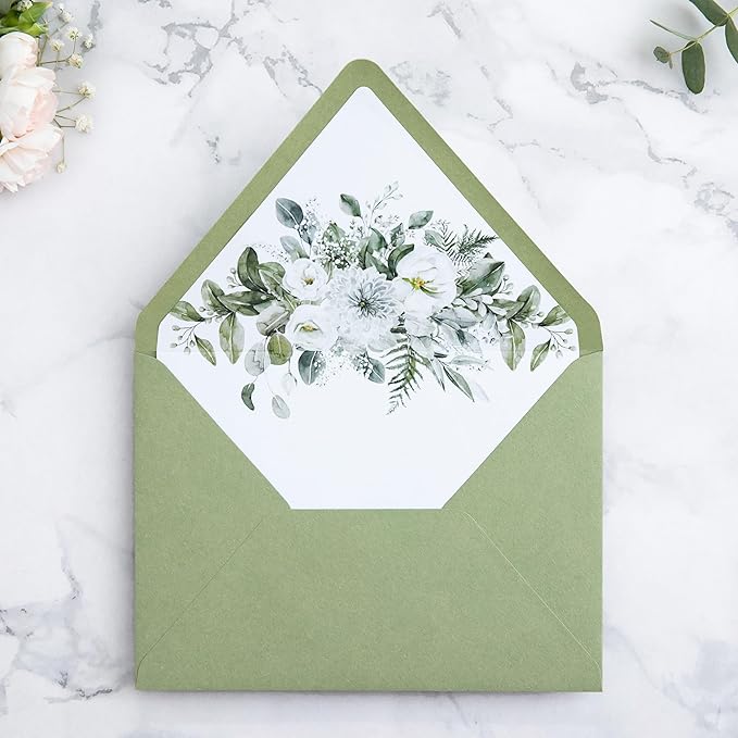PONATIA 50PCS A7 Euro Flap Envelopes, 5.25 x 7.25'' Sage Green Flowers Liner Envelope for Wedding Invitations, Photos, Postcards, Greeting Cards, Christmas Gift, Acrylic Mailing, 5 x 7 Envelopes
