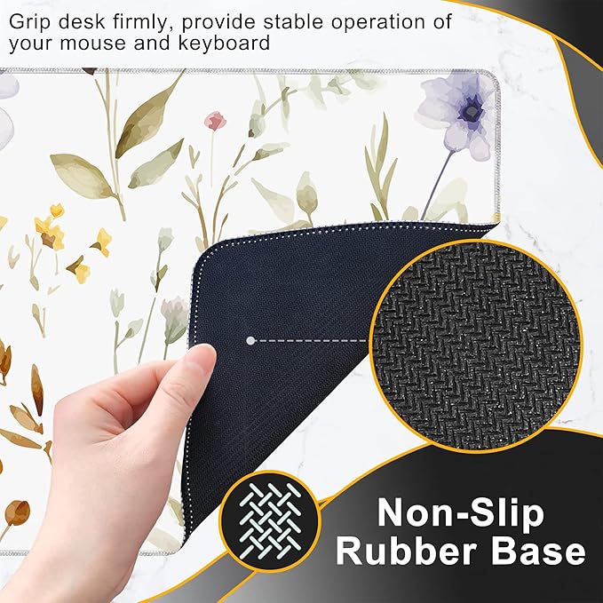 Gaming Mouse Pad, Watercolor Floral Wildflowers Large Desk Mat for Keyboard and Mouse,Non-Slip Rubber Base and Stitched Edges Desk Pad for Home Office 35.4x15.7in