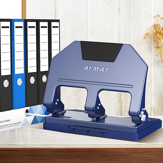 AFMAT HPX3 Heavy Duty 3 Hole Punch, 40-Sheet 3 Hole Puncher for Binder, Metal Three Hole Punch w/ 10,000+ Uses, 50% Reduced Effort, Bulit-in S.S. Paper Guide, Large Chip Tray, Blue