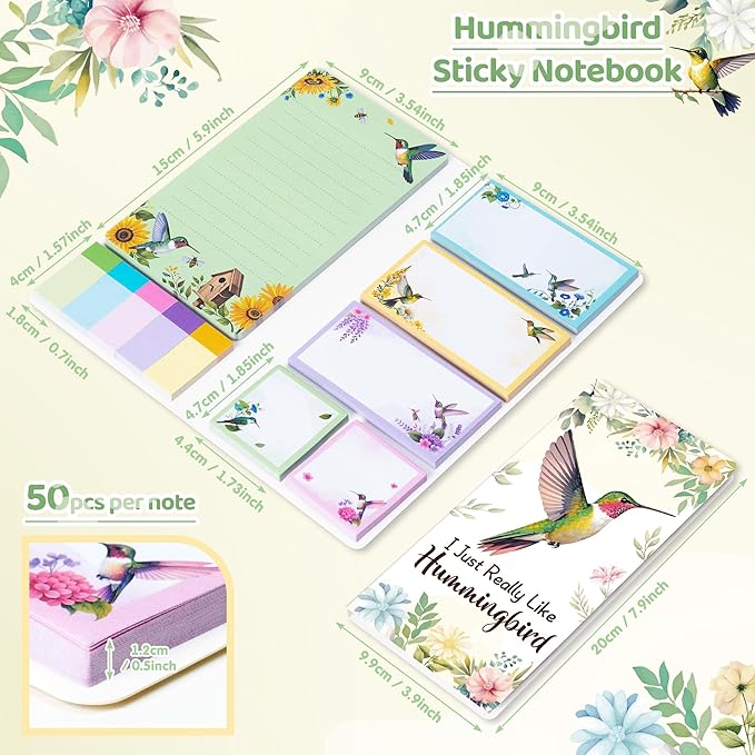 B1ykin Sticky Notes Set, Animal Theme Cute Self-Stick Notes Pad Teacher Appreciation Gifts， Self-Adhesive Writing Memo Pages Sticky to Do Notepad for Kids Employee School Office (Hummingbird)