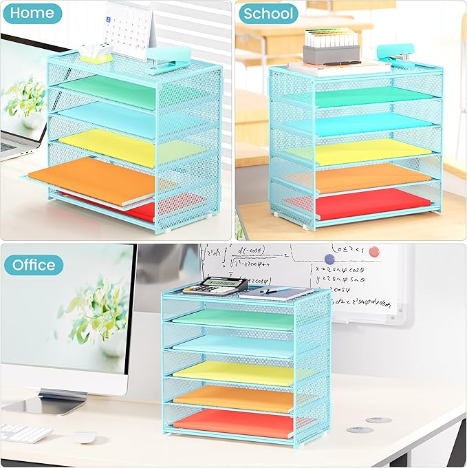 6 Tier Paper Organizer, Metal Mesh Desk File Folder, Letter Tray Organizer, Paper Sorter Desk Organizers for Office, Home or School File Folder Holder - Blue