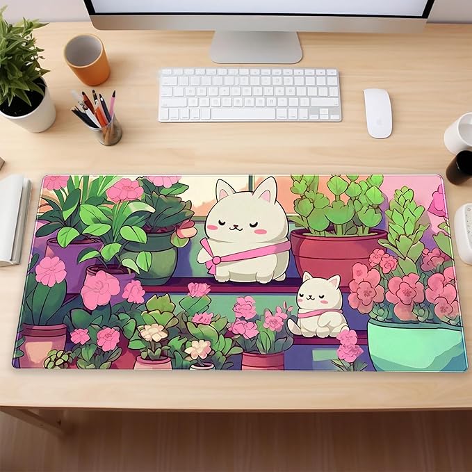 Cute Desk Mat Cat Mouse Pad Gaming Mousepad XXL Kawaii Desk Matt Pink Green Floral Keyboard Mat, Laptop Computer Desktop Decor Mat with Stitched Edges, 3mm Thick Non-Slip Rubber Base 31.5x15.7 in