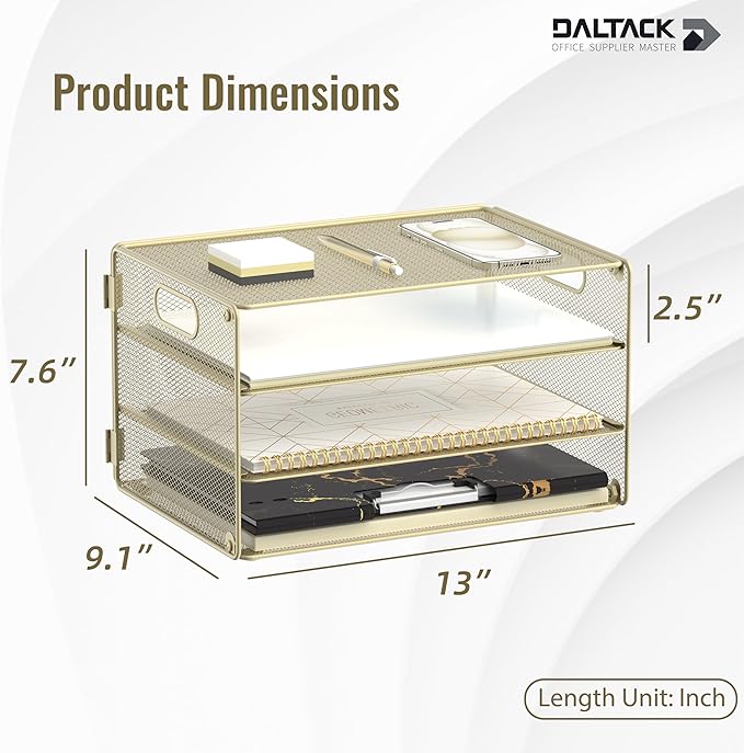 DALTACK 3 Tier Letter Tray Paper Organizer with Handle, Mesh Desk File Organizer, Paper Tray Desk Organizer for School Office Home, Metal Mesh, Golden Yellow
