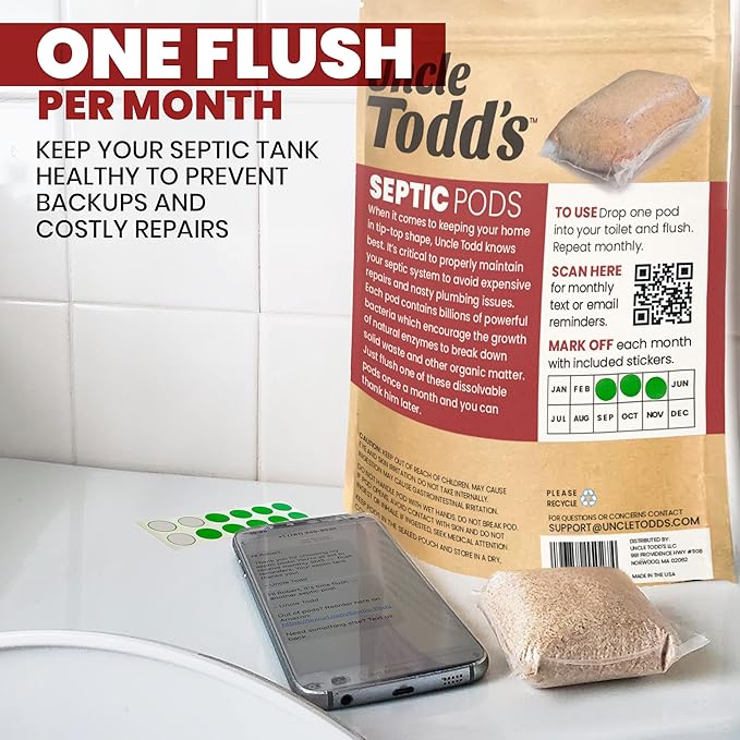 Uncle Todd's Septic Tank Treatment Pods - (12-Month Supply) - Powerful Enzyme & Live Bacteria Formula to Prevent Backups & Odor, Eco-Friendly Dissolvable Pods Safe for All Septic Systems