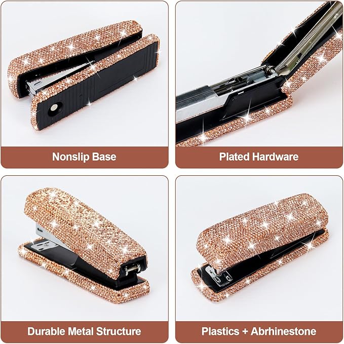 Multibey Rhinestone Stapler for Desk- Bling Crystal Desktop Stapler with 2000 Silver Staples, 25 Sheet Capacity, Elegant Office Staplers & Dazzling Desk Accessory for Women Lady (Champagne Gold)