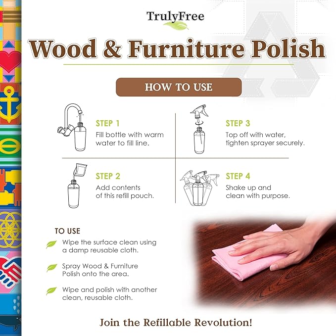 Truly Free Natural Wood Cleaner & Furniture Polish - Leather Cleaner, Vinyl, Furniture & Wood Polish, Helps Remove Water Stain, Unscented - Includes: 1 Refillable Empty 12oz Bottle & 1 Refill(3 fl oz)
