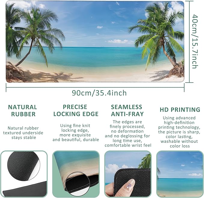 Large Mouse Pad Tropical Beach Coconut Palm Extended Gaming Mouse Pad Desk Mat Stitched Edges Mousepad Non-Slip Rubber Base Keyboard Pad for Laptop Computer PC 35.4 x 15.7 inches