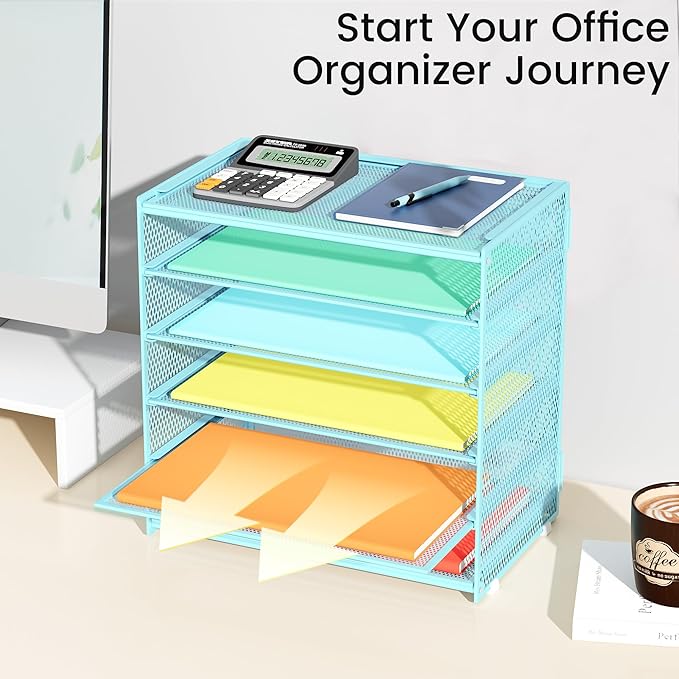 6 Tier Paper Organizer, Metal Mesh Desk File Folder, Letter Tray Organizer, Paper Sorter Desk Organizers for Office, Home or School File Folder Holder - Blue